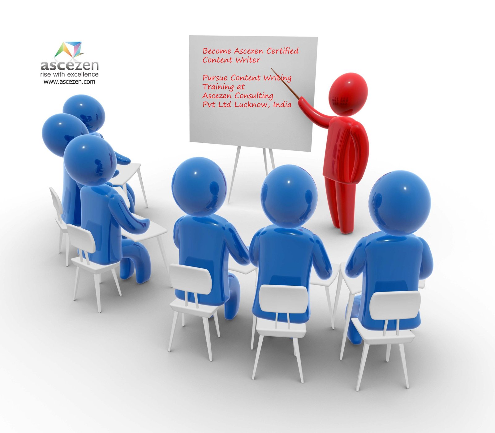Animated graphic depicting a classroom training in progress as the whiteboard displays text - Become Ascezen Certified Content Writer. Pursue content writing training in Lucknow, India